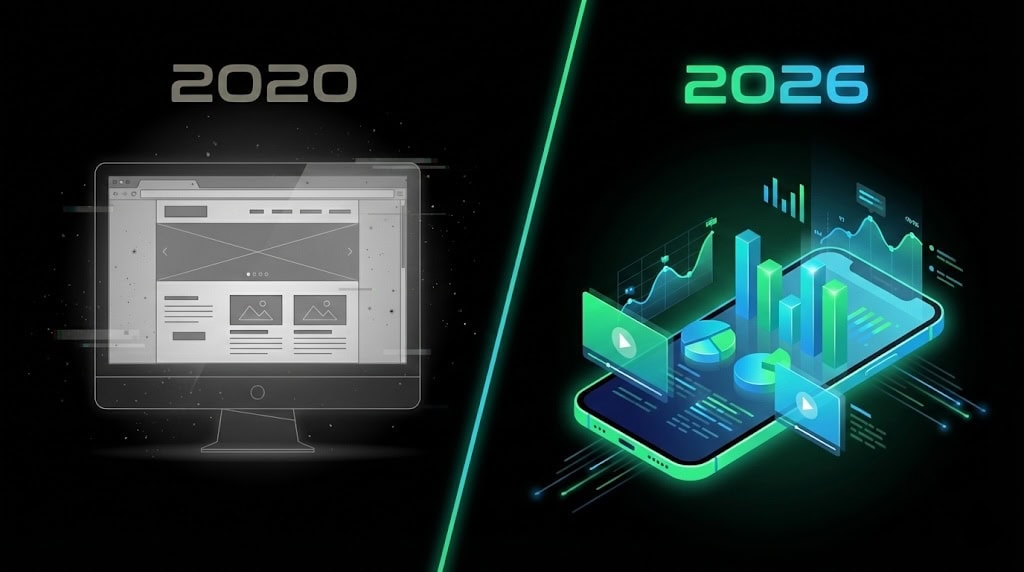 高度なデジタルマーケティングの進化を示す2020年と2026年の比較画像。左側は2020年のウェブサイトのスクリーンショット、右側は2026年のデータ分析とAI技術を活用した未来的なグラフィック。