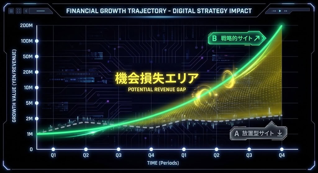 高成長を示すデジタル戦略のグラフ、潜在的な収益ギャップと戦略的サイトの進展を視覚化した未来志向のビジュアルです。.