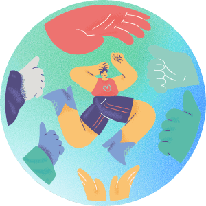 いいねする複数の手とジャンプする少年のイラスト