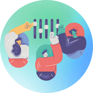 グラフの説明をする男女三人のイラスト