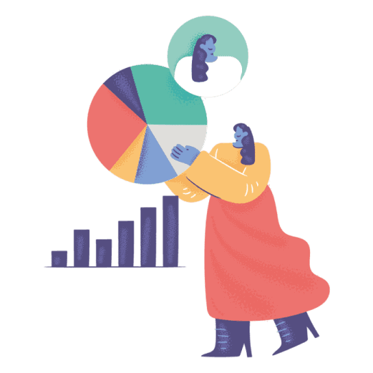 マーケティング関連のグラフと女性のイラスト