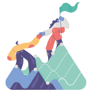 SEOコンサルティングを行う専門家が山の頂上でクライアントと握手しているイラスト。.