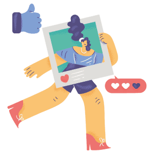 SNSの投稿を楽しむ女性のイラスト。スマートフォンを持ち、ソーシャルメディアの交流を表現しています。.