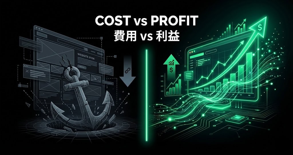 コストと利益の比較グラフ、デジタルマーケティングの投資効果を示すビジュアル。費用対効果の分析や戦略立案に役立つ情報を視覚的に表現しています。.